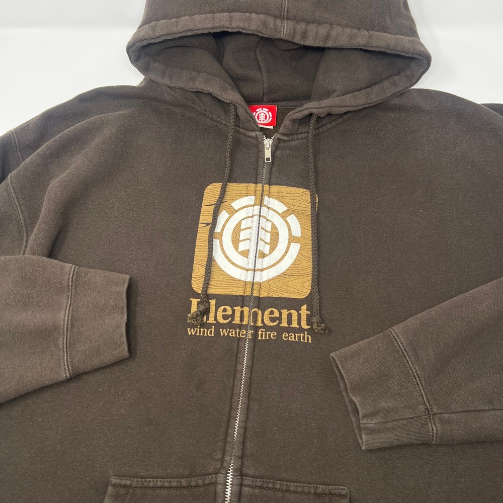 Y2K Element Mens Brown Full Zip Logo Graphic Hoodie Skate Sweatshirt XL